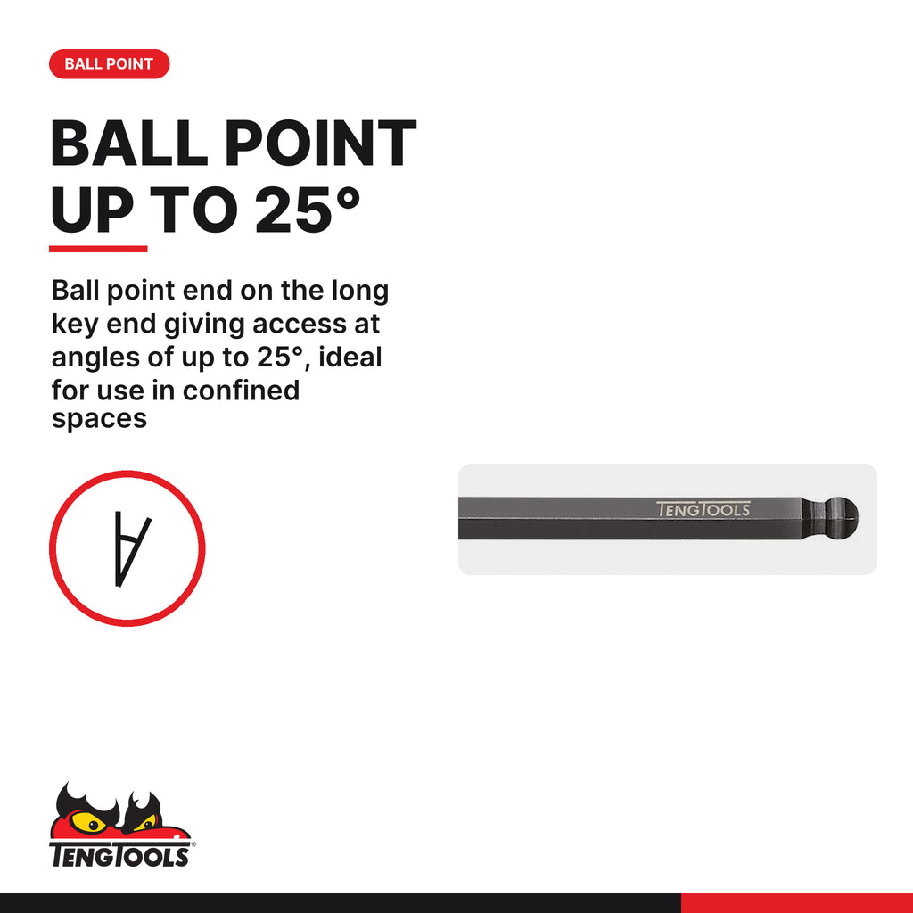 Teng Tools 390106BL Individual Ball Point Hex Key SAE Allen Wrench, ball point end on the long key end giving access at