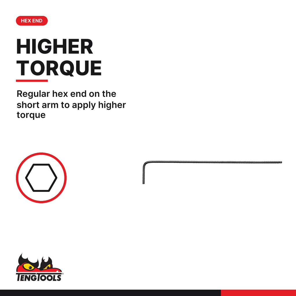 Teng Tools 3908015BL Extra Long Ball Point Hex Key Allen Wrench, regular hex end on the short arm to apply higher torque