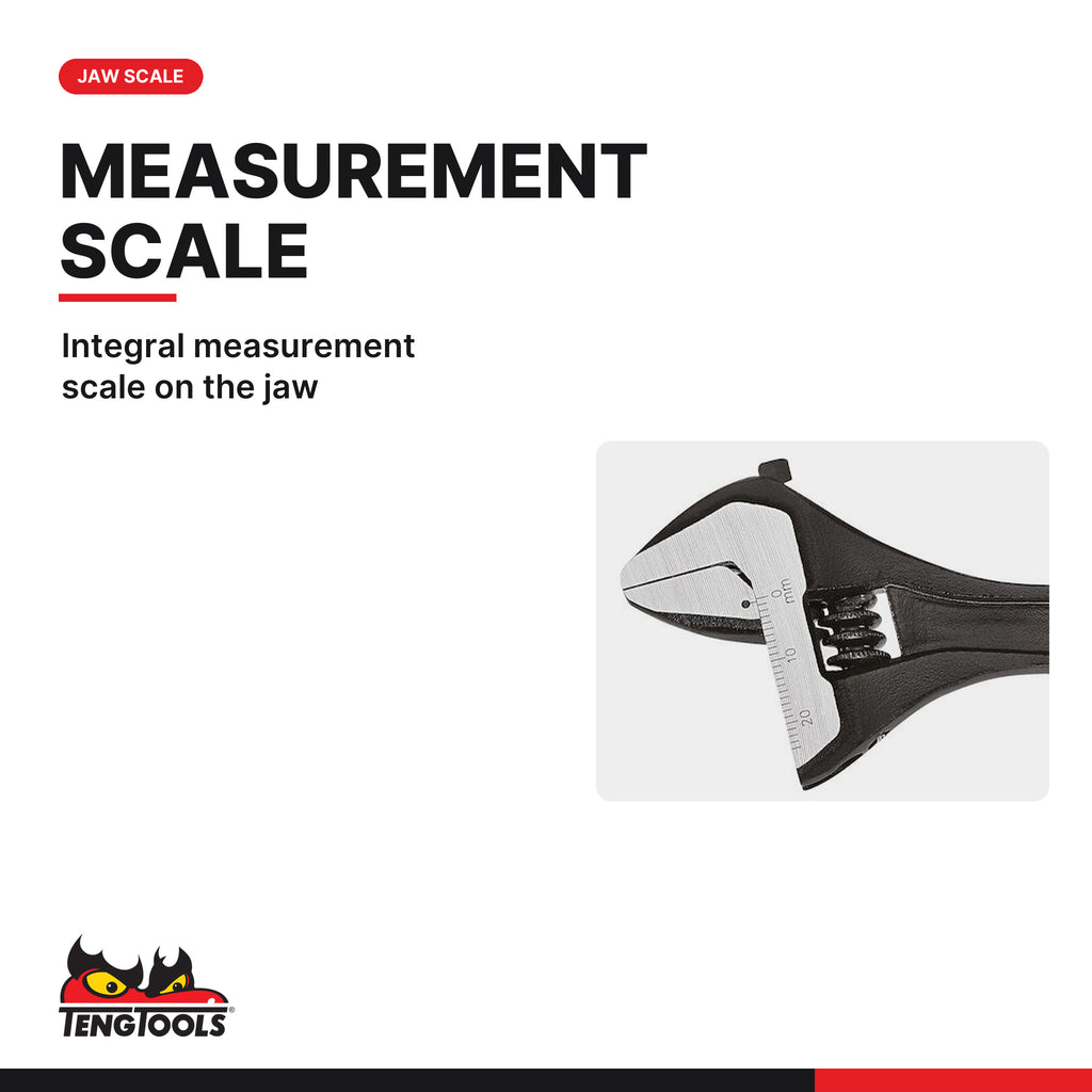 Teng Tools 4002IQ Adjustable Wrench 150-375mm TPR Grip Crescent Wrench, integral measurement scale on the jaw