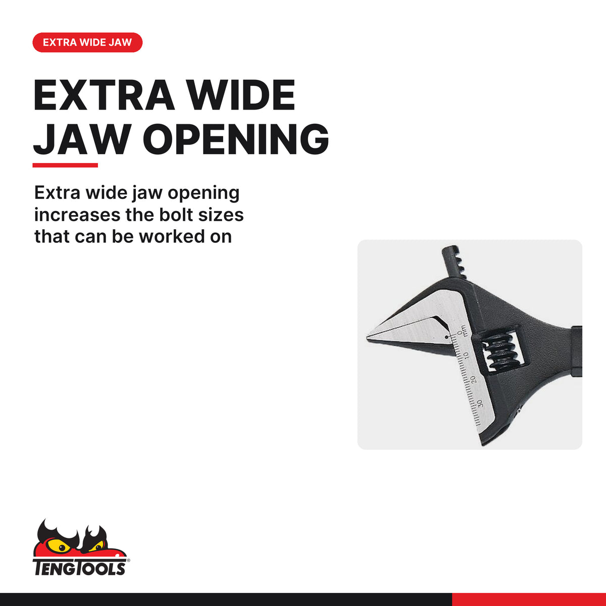 Teng Tools 4002WT 150-300mm Wide Jaw Adjustable Wrench, extra wide jaw opening increases the bolt sizes that can be worked on