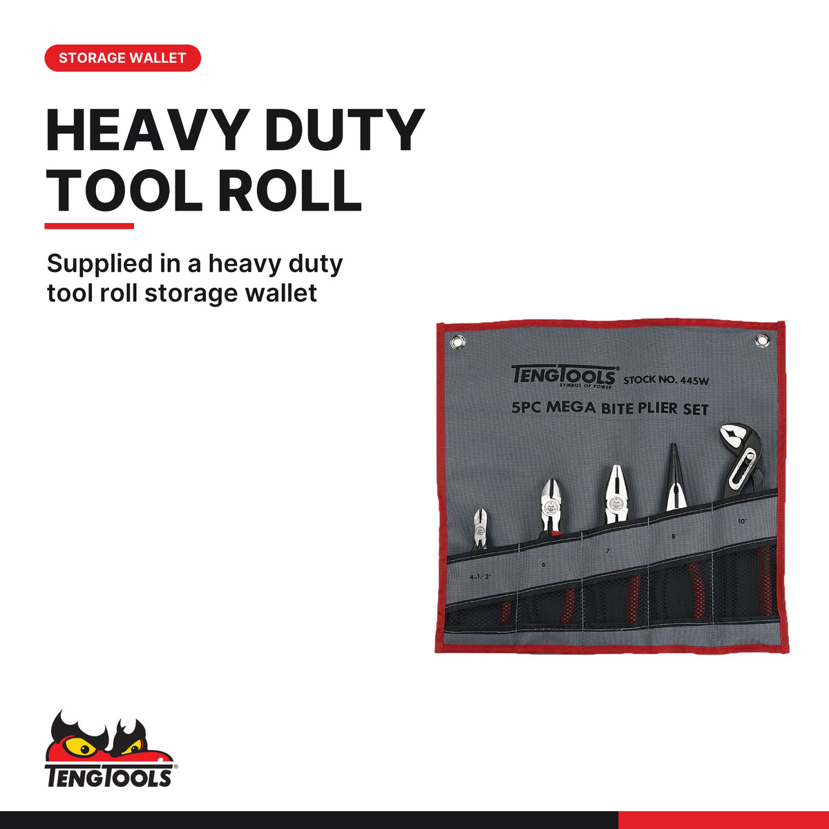 Teng Tools 445W Plier Set Tool Roll 5 Pieces, supplied in a heavy duty tool roll storage wallet