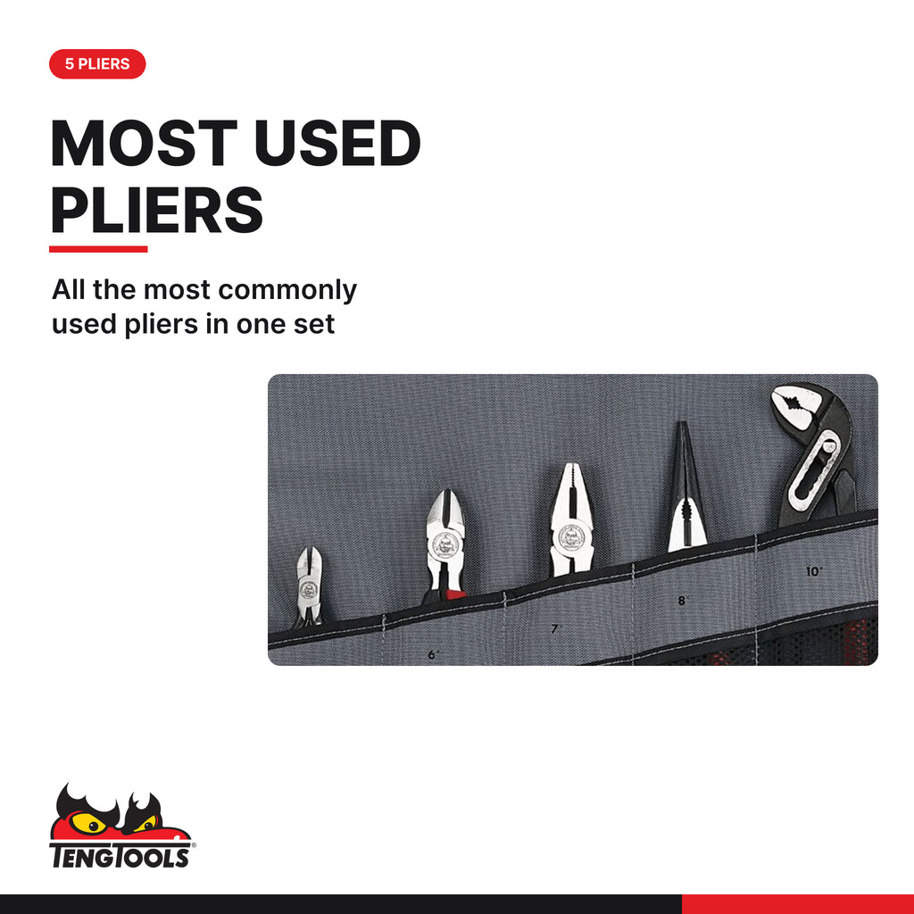 Teng Tools 445W Plier Set Tool Roll 5 Pieces, all the most commonly used pliers in one set