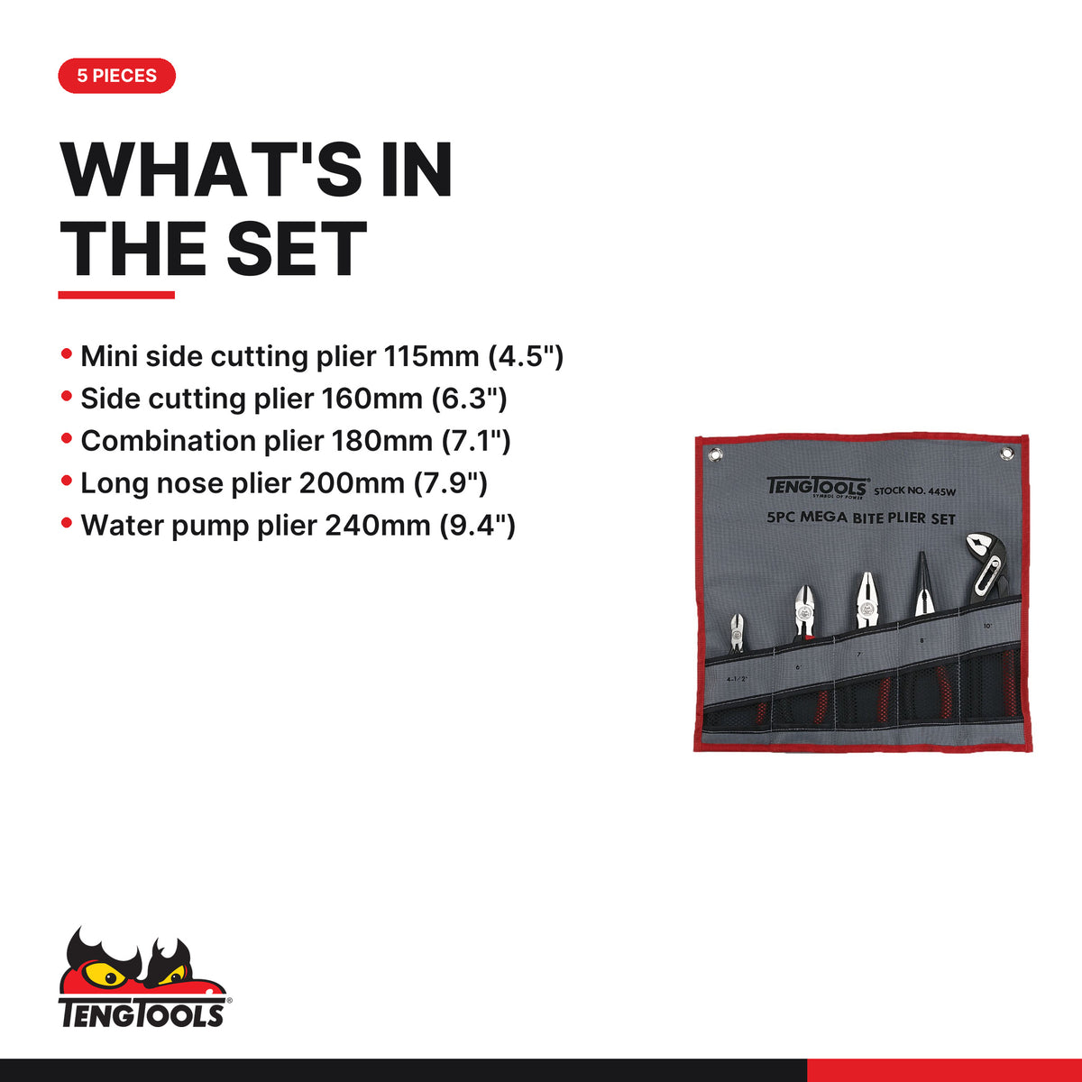 Teng Tools 445W Plier Set Tool Roll 5 Pieces, what's in the set