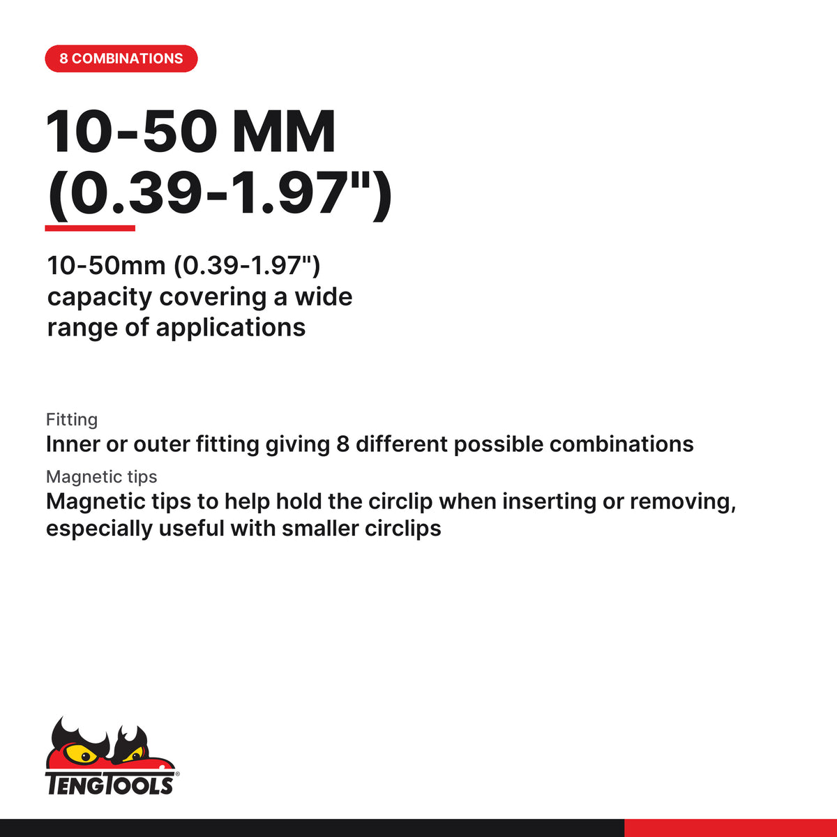 Teng Tools 480 Snap Ring Pliers Interchangeable Tip Set, 10-50mm (0.39-1.97") capacity covering a wide range of applications