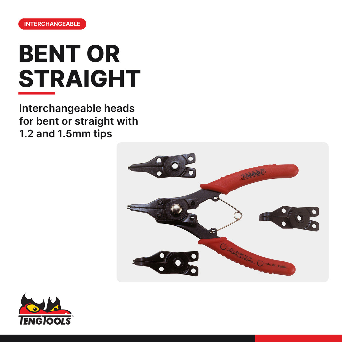 Teng Tools 480 Snap Ring Pliers Interchangeable Tip Set, interchangeable heads for bent or straight with 1.2 and 1.5mm tips