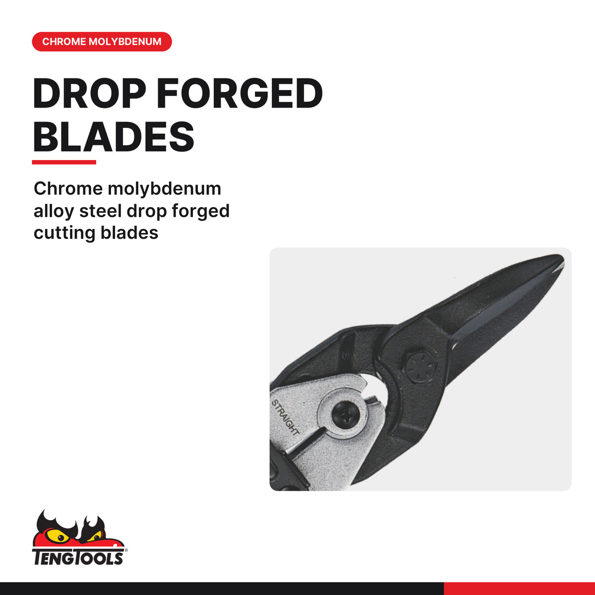 Teng Tools 490 250 mm Straight Tin Snips, chrome molybdenum alloy steel drop forged cutting blades