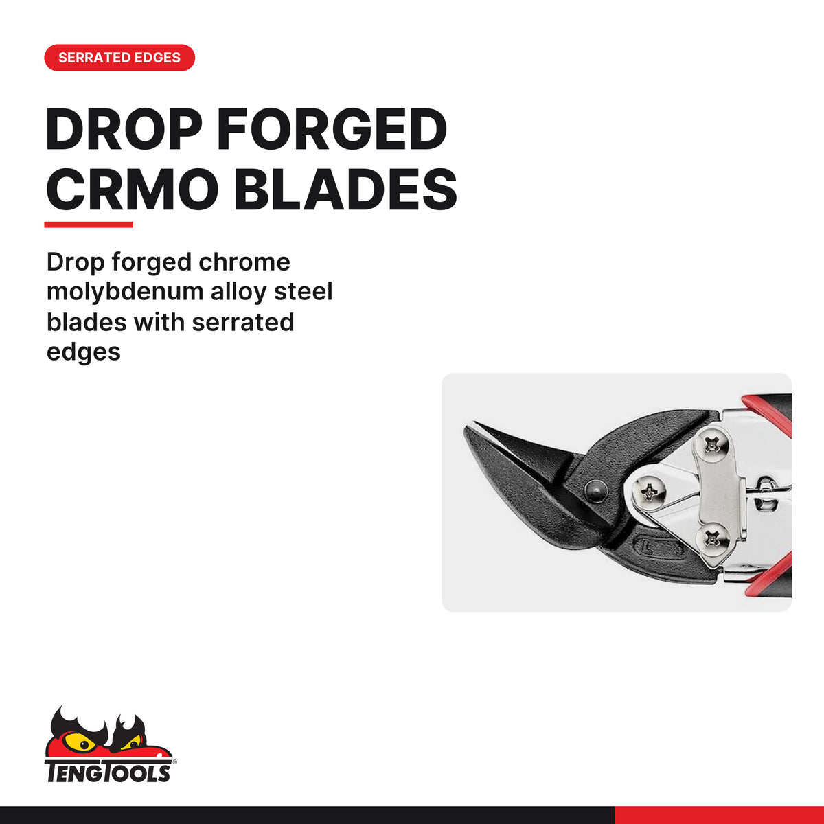 Teng Tools 494-7N Compact Tin Snip Straight/Left Cut Cr-Mo 182 mm, drop forged chrome molybdenum alloy steel blades with