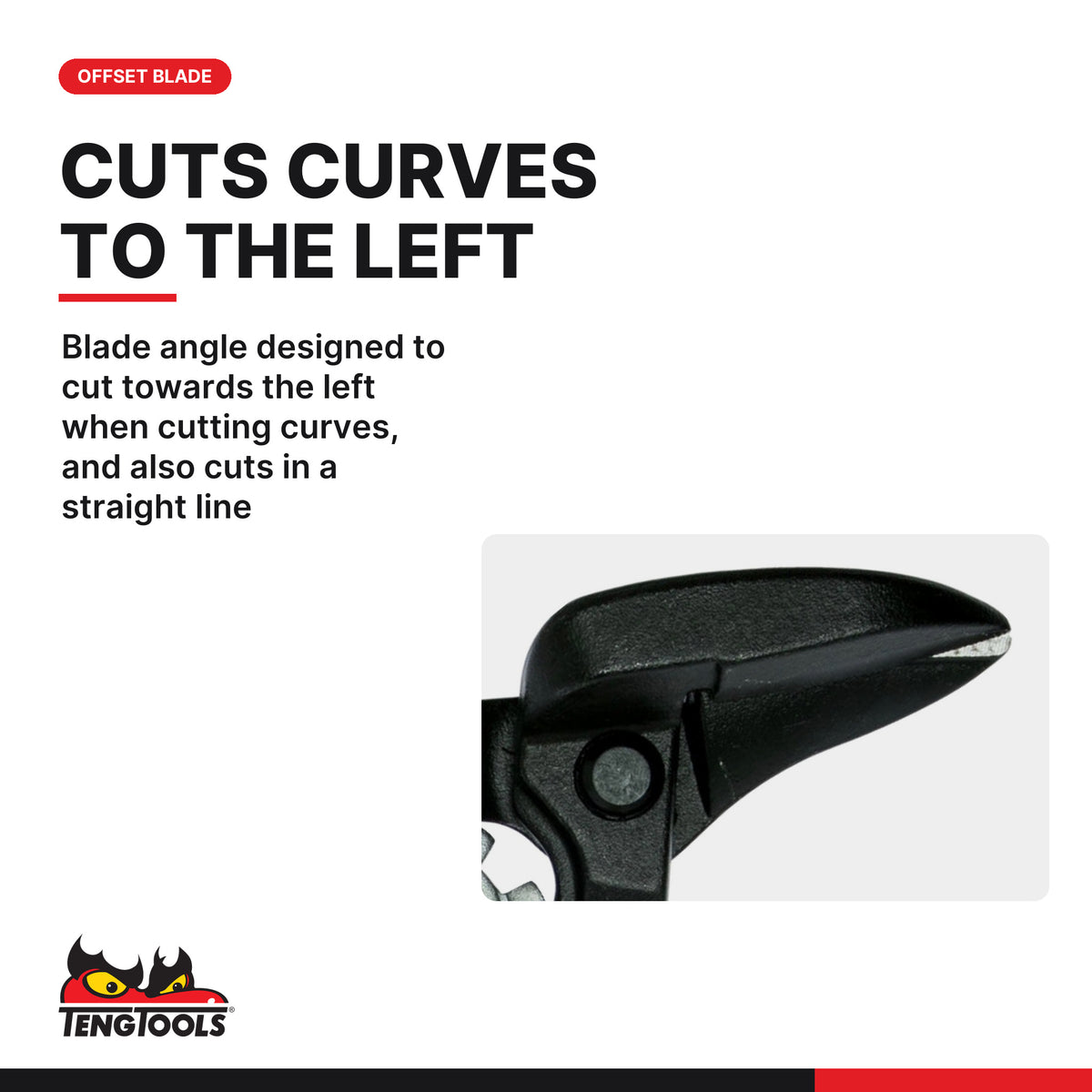 Teng Tools 494 Offset Tin Snip Left/Straight, blade angle designed to cut towards the left when cutting curves, and also
