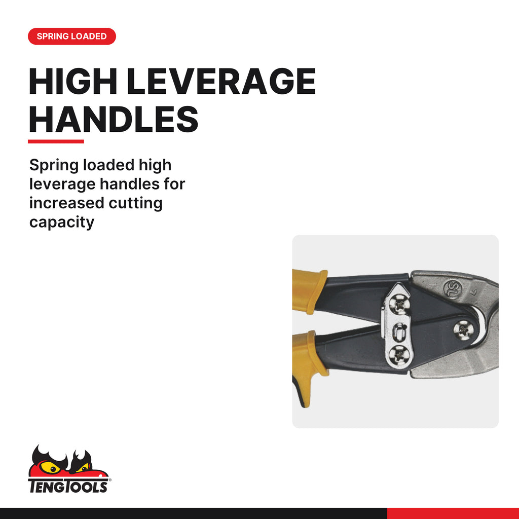 Teng Tools 495 275 mm Long Cut Metal Shears, spring loaded high leverage handles for increased cutting capacity