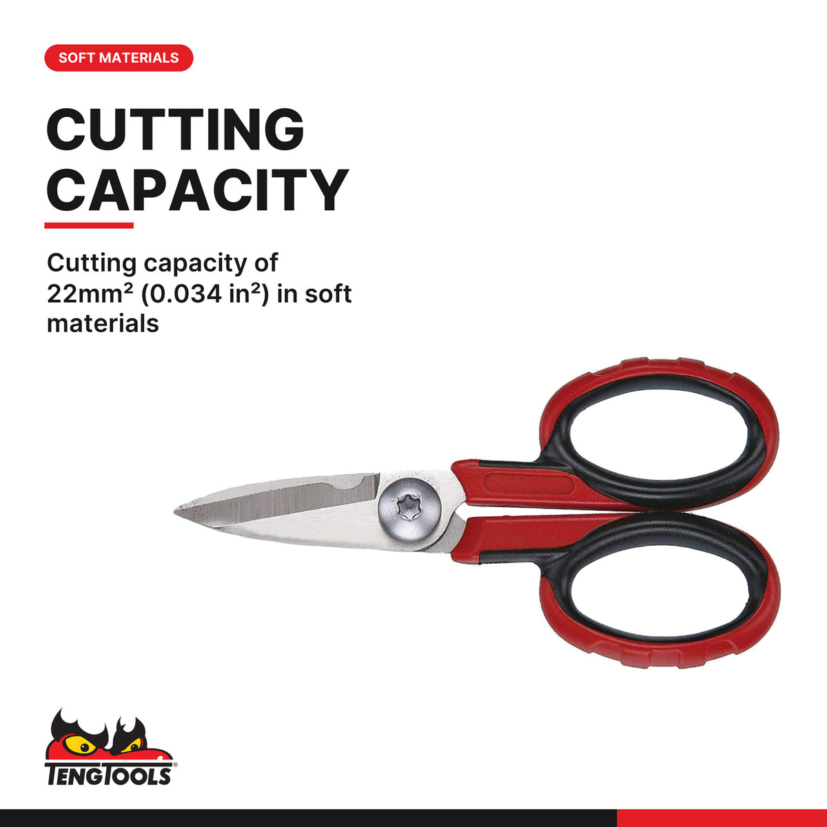 Teng Tools 497 5-1/2 Inch High Carbon Stainless Steel Craft Scissors, cutting capacity of 22mm² (0.034 in²) in soft materials