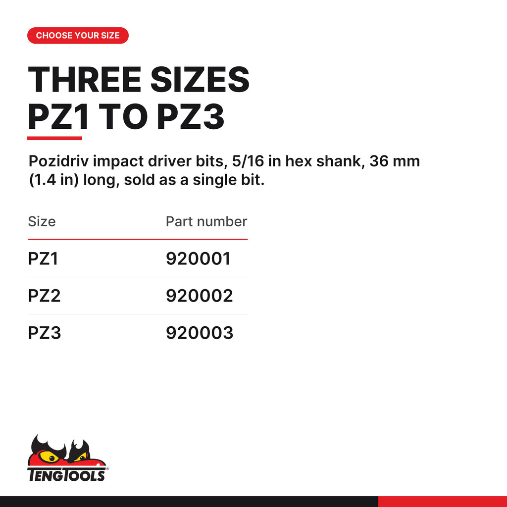 Teng Tools Pozidriv impact driver bits with 5/16 in hex shank, 36 mm (1.4 in), PZ1 to PZ3, three sizes PZ1 to PZ3, part