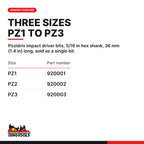 Teng Tools Pozidriv impact driver bits with 5/16 in hex shank, 36 mm (1.4 in), PZ1 to PZ3, three sizes PZ1 to PZ3, part