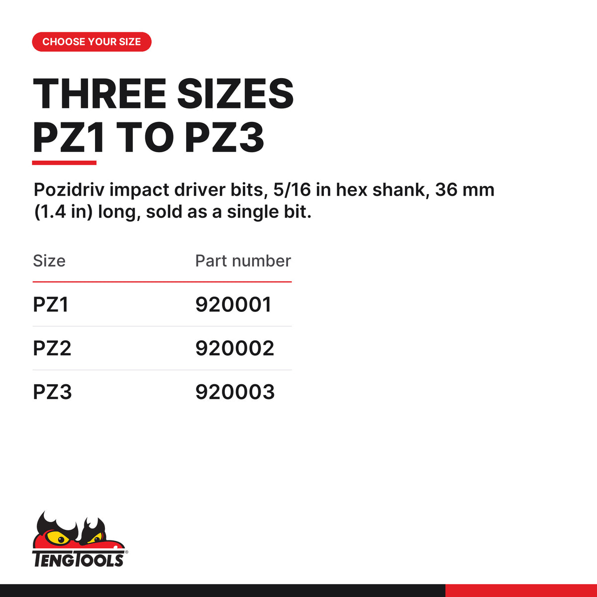 Teng Tools Pozidriv impact driver bits with 5/16 in hex shank, 36 mm (1.4 in), PZ1 to PZ3, three sizes PZ1 to PZ3, part