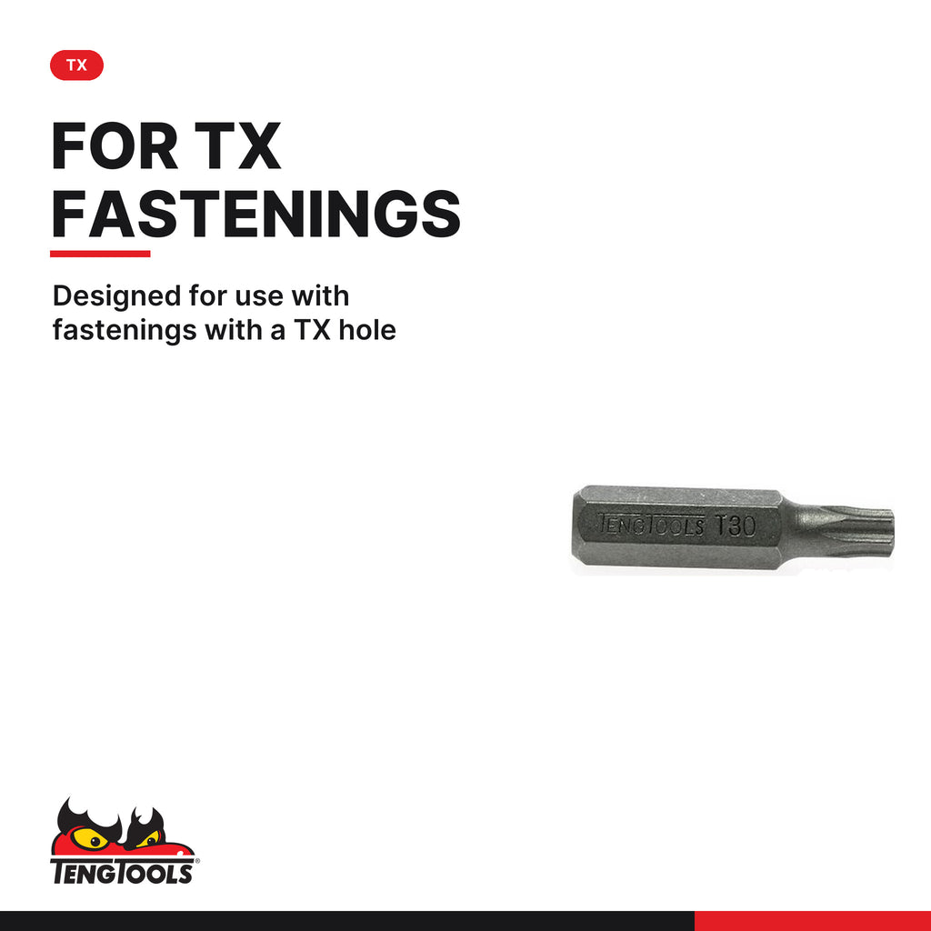 Teng Tools TX impact driver bits with 5/16 in hex shank, 36 mm (1.4 in), TX30 to TX55, designed for use with fastenings with