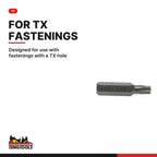 Teng Tools TX impact driver bits with 5/16 in hex shank, 36 mm (1.4 in), TX30 to TX55, designed for use with fastenings with