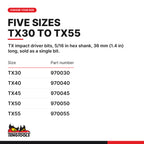 Teng Tools TX impact driver bits with 5/16 in hex shank, 36 mm (1.4 in), TX30 to TX55, five sizes TX30 to TX55, part numbers