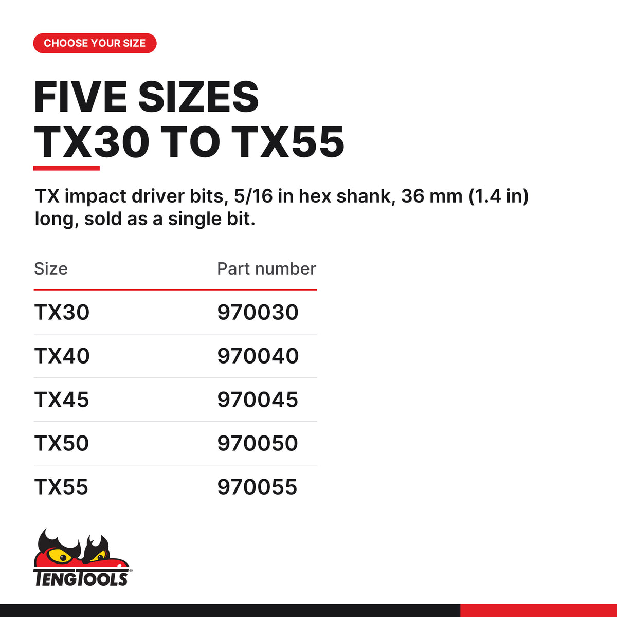 Teng Tools TX impact driver bits with 5/16 in hex shank, 36 mm (1.4 in), TX30 to TX55, five sizes TX30 to TX55, part numbers