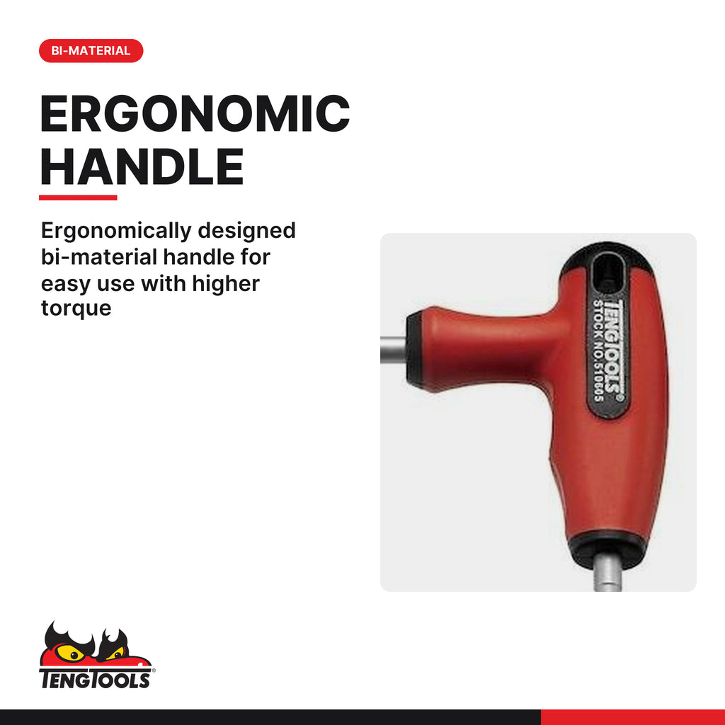 Teng Tools 5106025 2.5-8 mm Metric T Handle Allen Wrench, ergonomically designed bi-material handle for easy use with higher