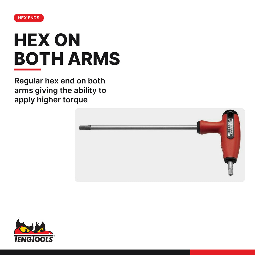 Teng Tools 5106025 2.5-8 mm Metric T Handle Allen Wrench, regular hex end on both arms giving the ability to apply higher
