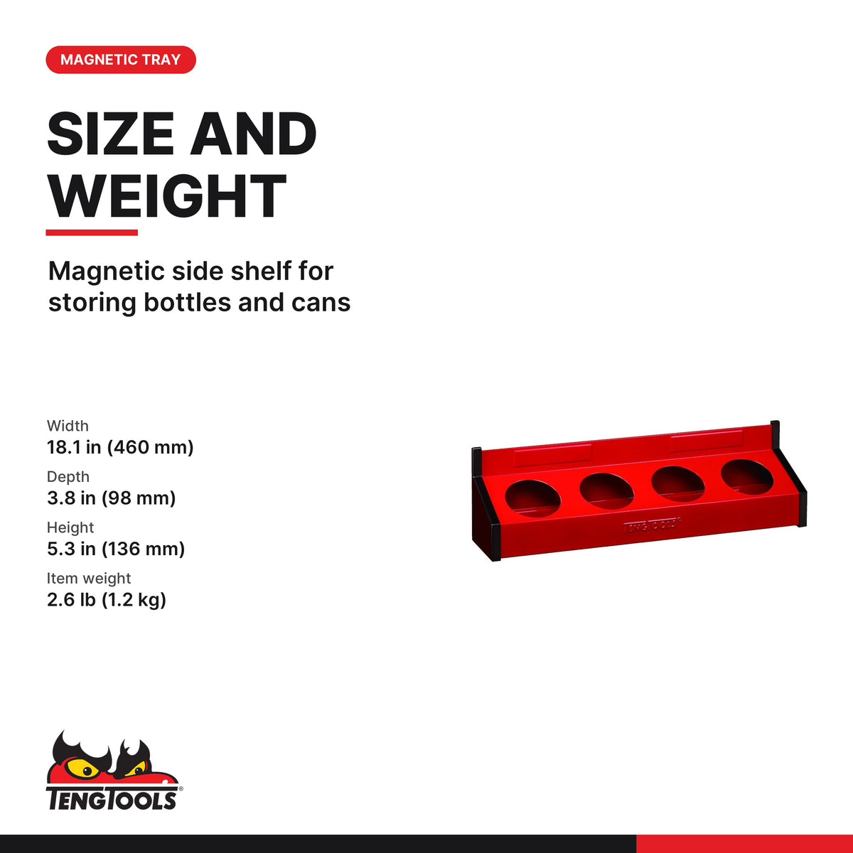 Teng Tools 580CM Magnetic Tray for 4 Cans Red, magnetic side shelf for storing bottles and cans