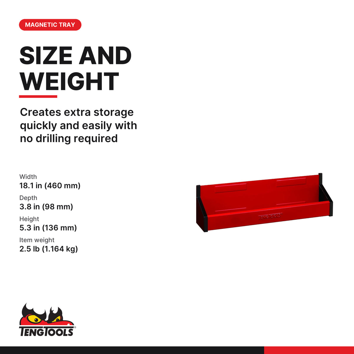 Teng Tools 580M Magnetic Tray Red 460mm, creates extra storage quickly and easily with no drilling required