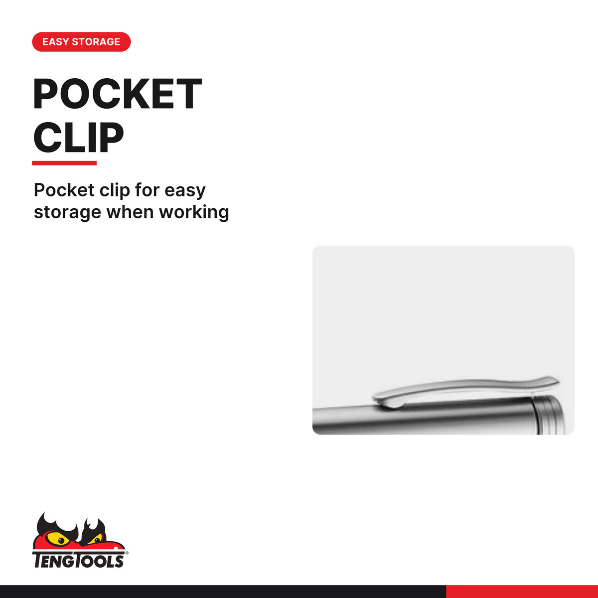 Teng Tools 585 Compact LED Torch with Pocket Clip, pocket clip for easy storage when working