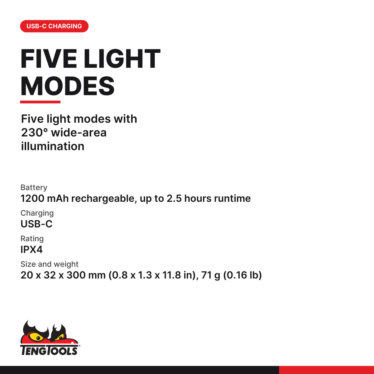 Teng Tools 586D Rechargeable LED Headlamp 350 Lumens, five light modes with 230° wide-area illumination