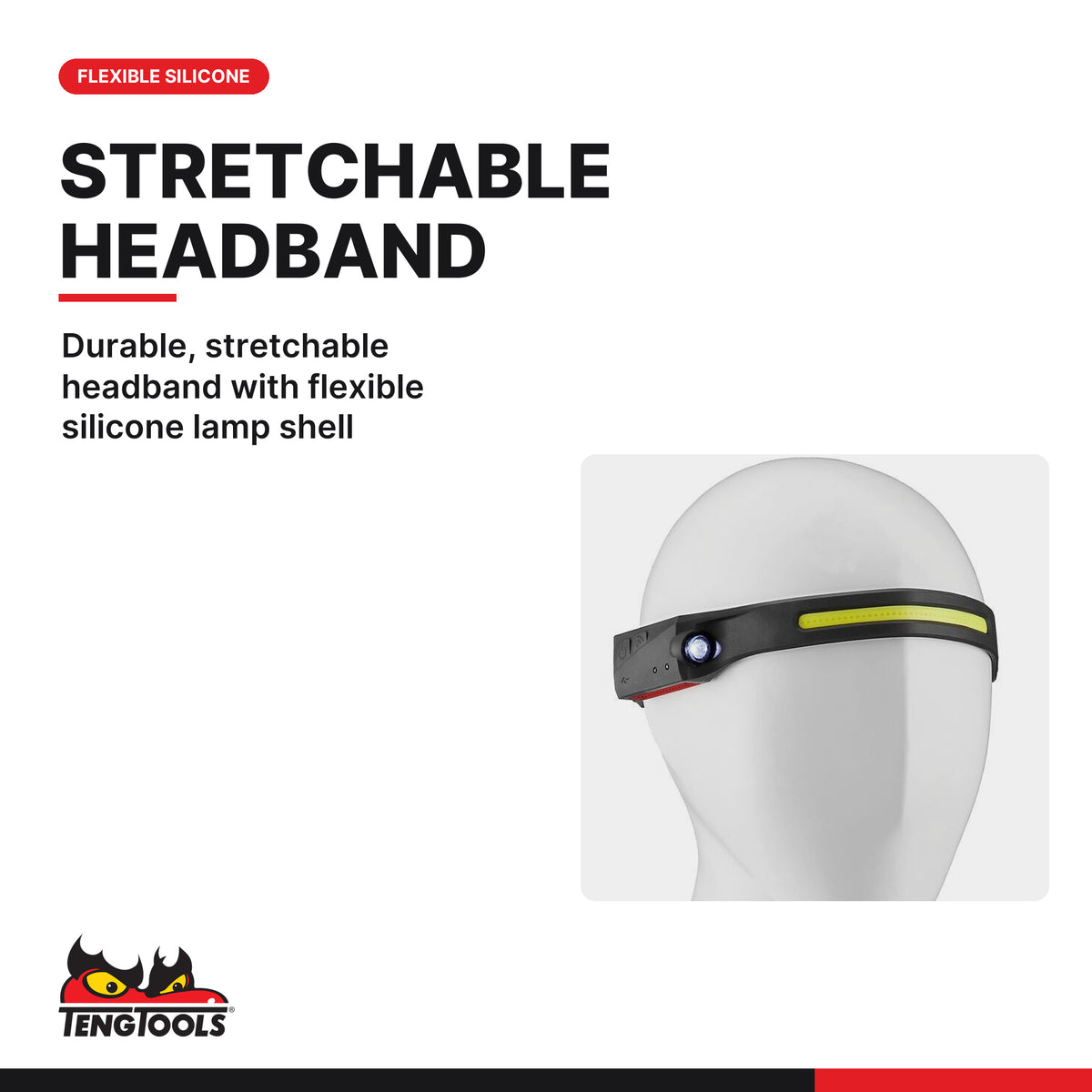 Teng Tools 586D Rechargeable LED Headlamp 350 Lumens, durable, stretchable headband with flexible silicone lamp shell