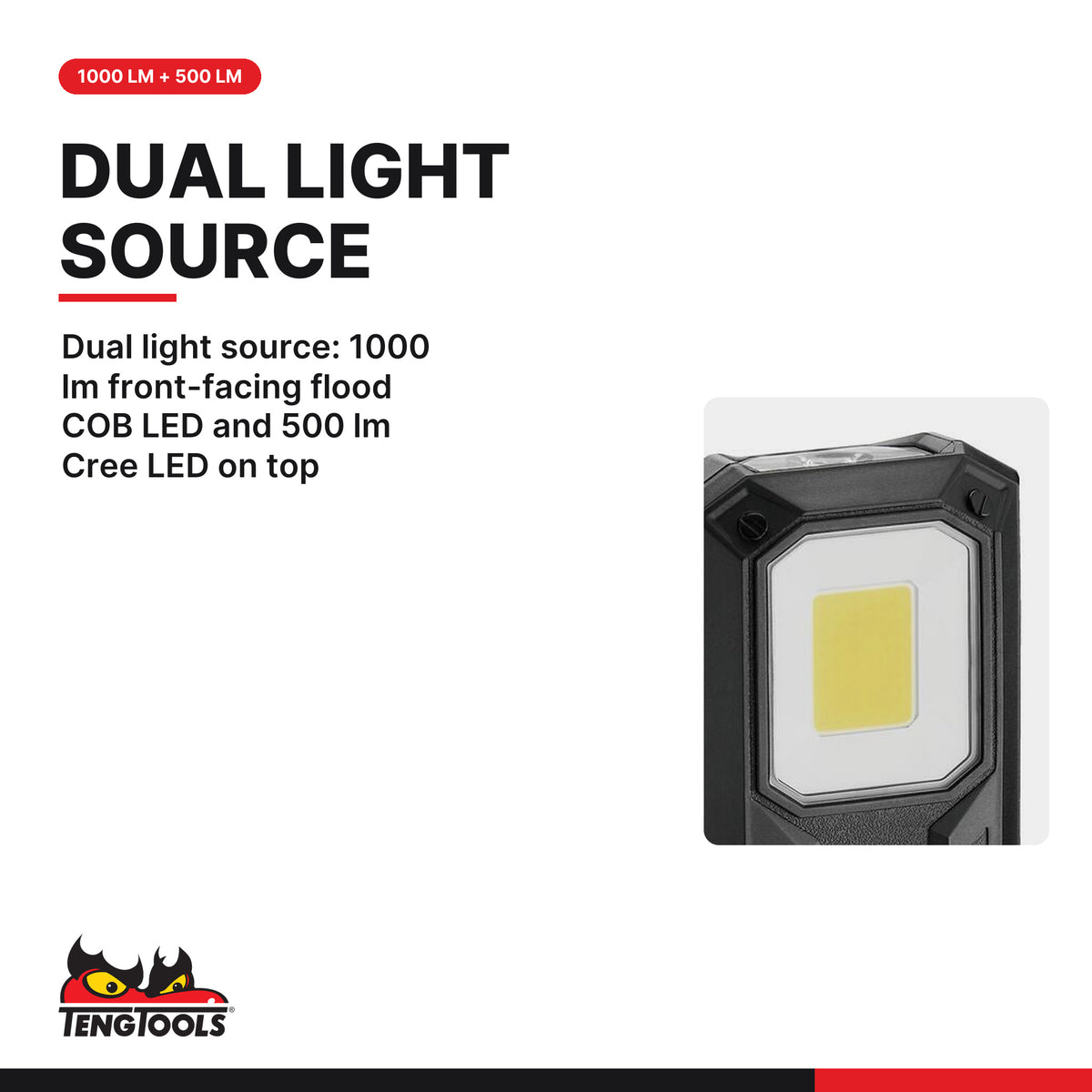 Teng Tools 588N 1000 Lumen Rechargeable LED Worklight, dual light source: 1000 lm front-facing flood COB LED and 500 lm Cree