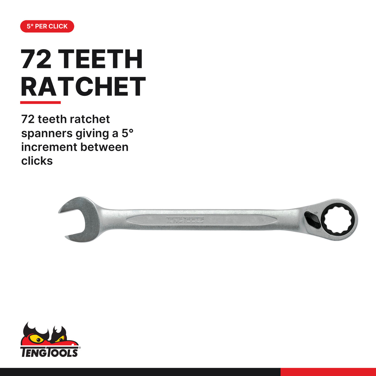 Teng Tools 600116R Ratcheting Combination Spanner AF R 1/2, 72 teeth ratchet spanners giving a 5° increment between clicks