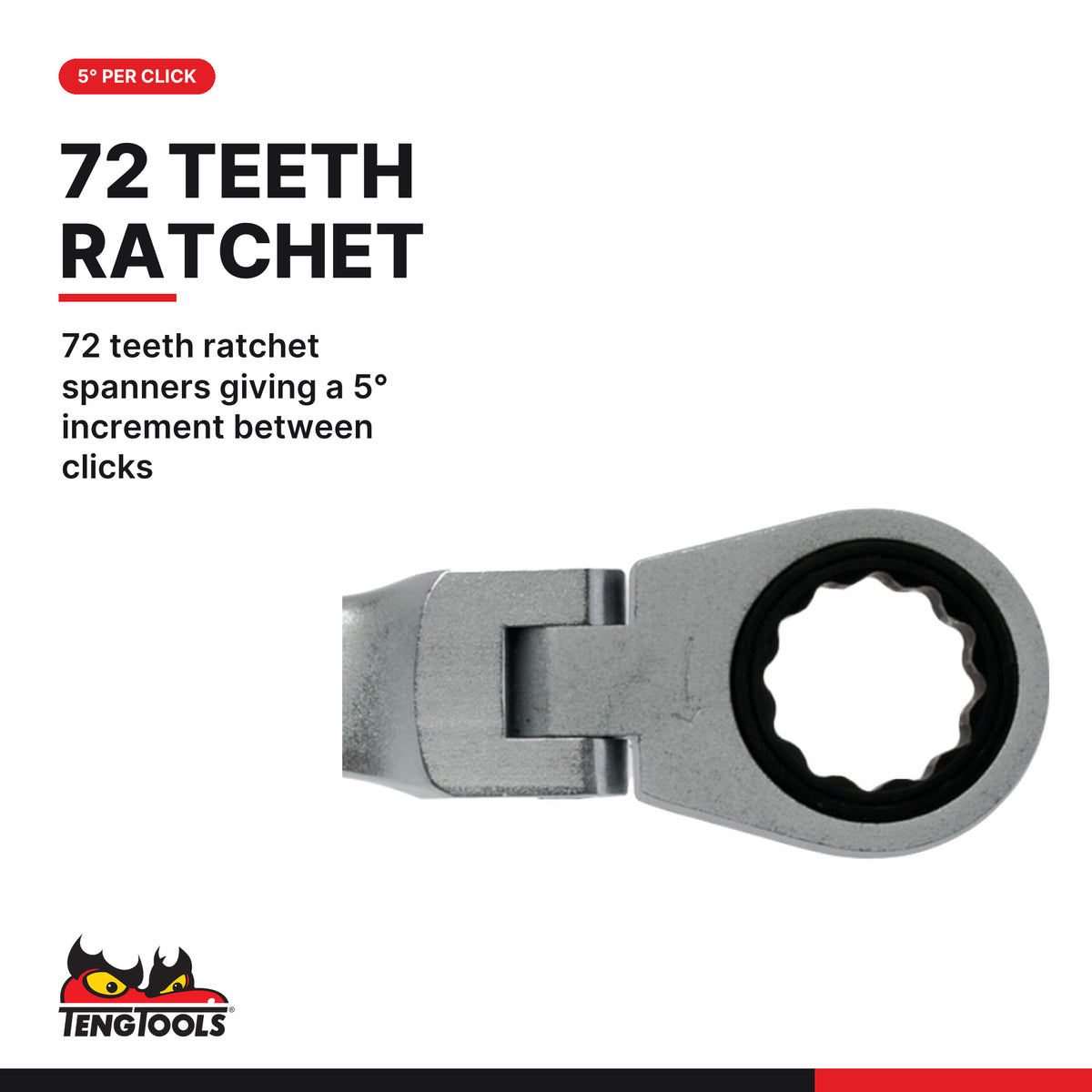 Teng Tools 600507RF Metric Ratcheting Combination Wrench 7-19mm, 72 teeth ratchet spanners giving a 5° increment between