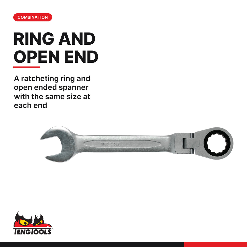 Teng Tools 600507RF Metric Ratcheting Combination Wrench 7-19mm, A ratcheting ring and open ended spanner with the same size