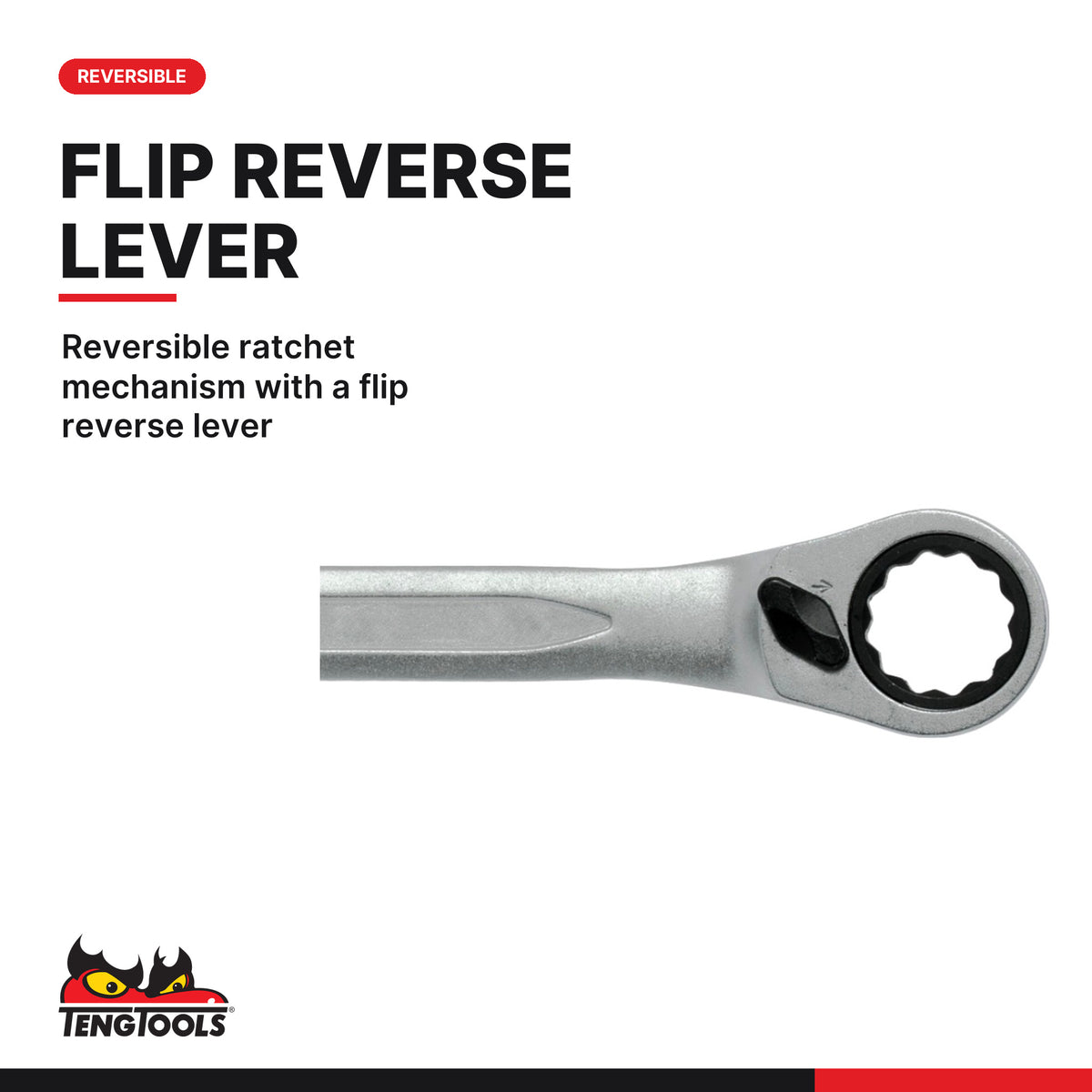 Teng Tools 600508R Metric Ratcheting Combination Wrench 8-32 mm, reversible ratchet mechanism with a flip reverse lever