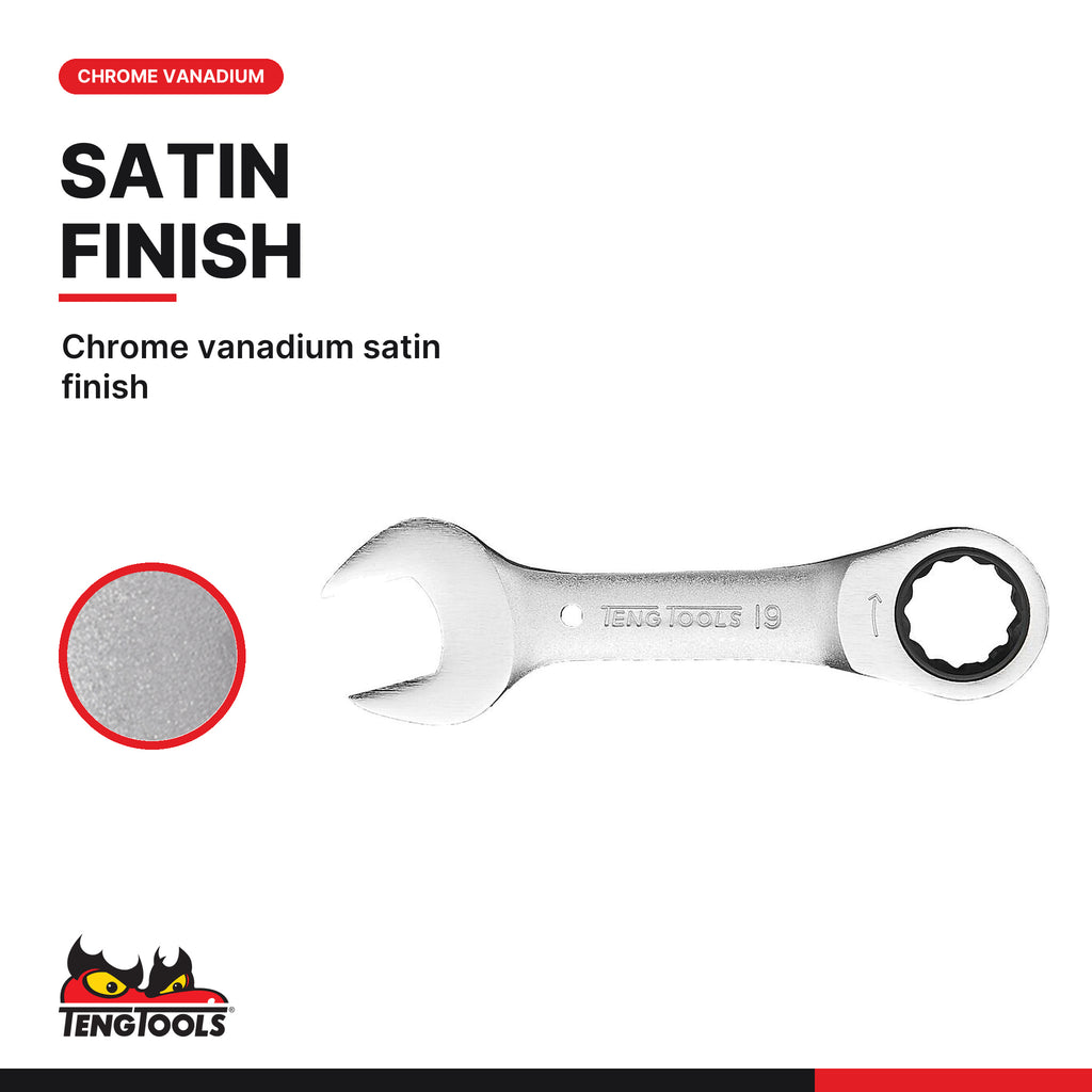 Teng Tools 6005M10RS 10-19mm Stubby Ratcheting Combination Wrench, chrome vanadium satin finish