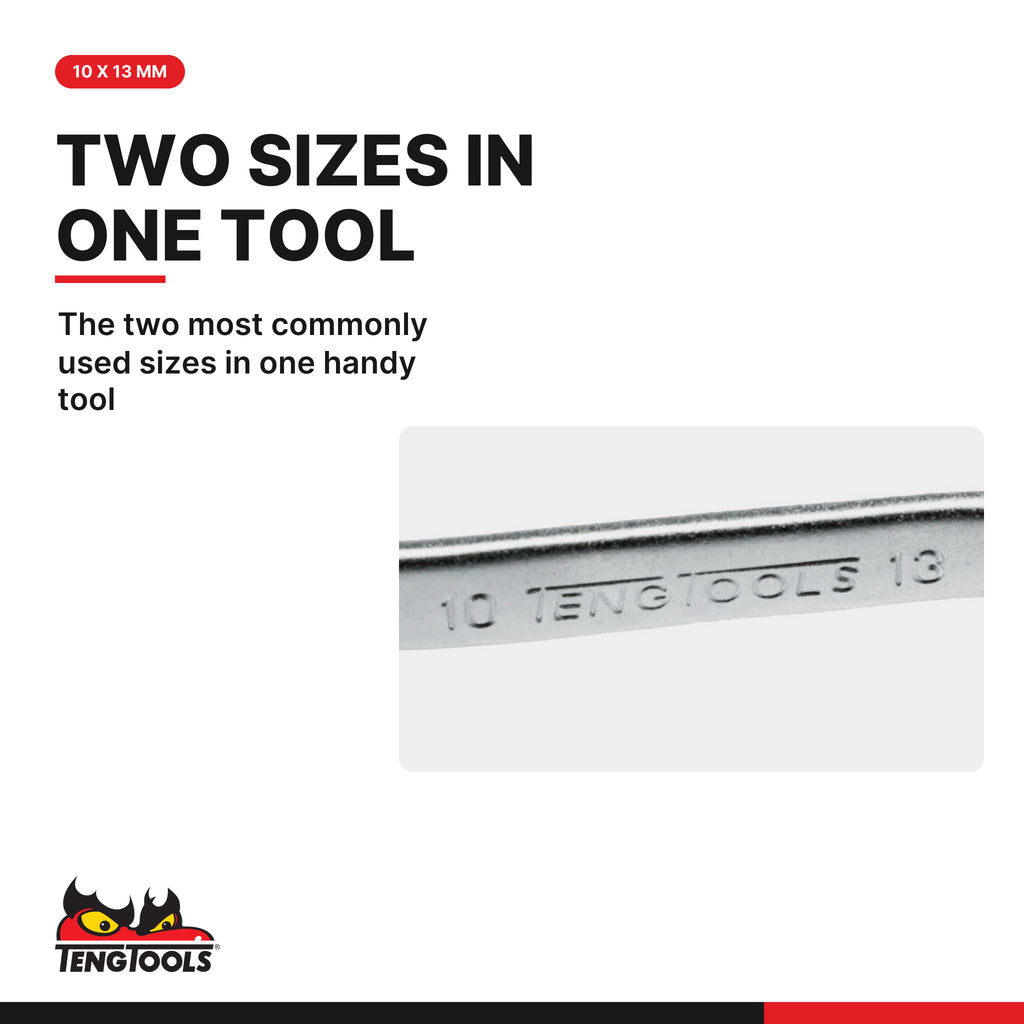 Teng Tools 601013 10 x 13mm 'Rigger Jigger' Angled Compact Double Ring, the two most commonly used sizes in one handy tool