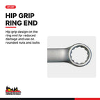 Teng Tools 605908 8-19 mm Long Metric Combination Wrench, hip grip design on the ring end for reduced damage and use on