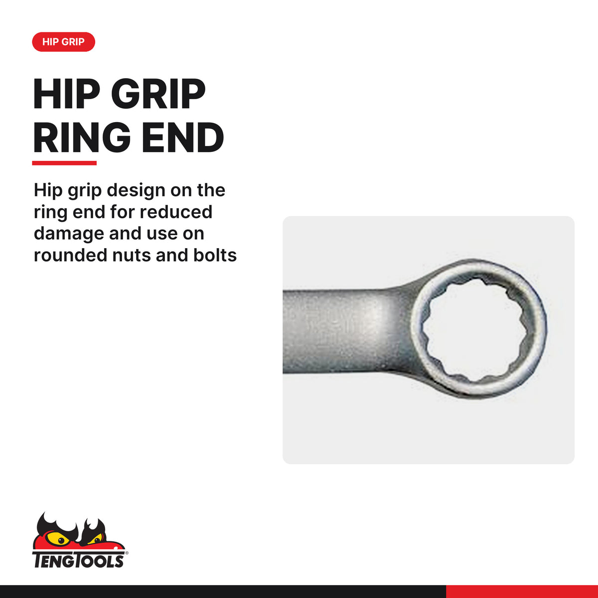 Teng Tools 605908 8-19 mm Long Metric Combination Wrench, hip grip design on the ring end for reduced damage and use on