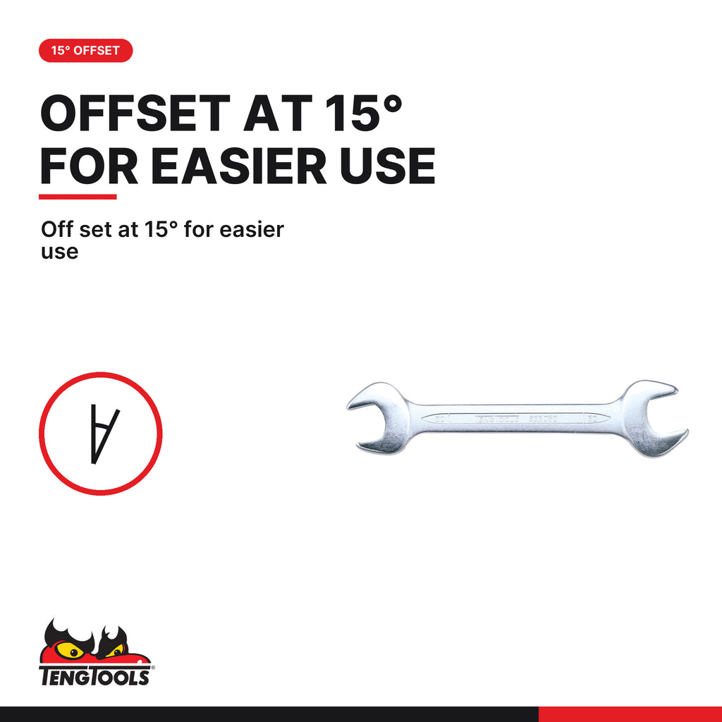 Teng Tools 620607 6 × 7 to 30 × 32 mm Double Open End Metric Wrench, off set at 15° for easier use