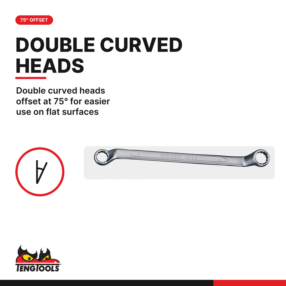 Teng Tools 6308 8 Piece Double Box End Wrench Set, double curved heads offset at 75° for easier use on flat surfaces