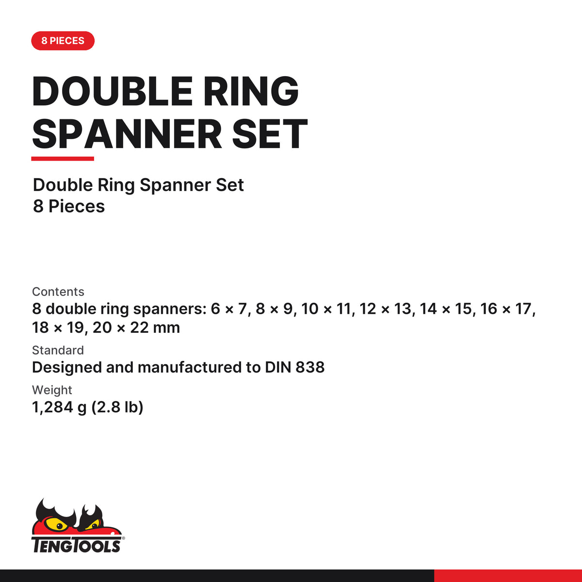 Teng Tools 6308 8 Piece Double Box End Wrench Set, double Ring Spanner Set 8 Pieces