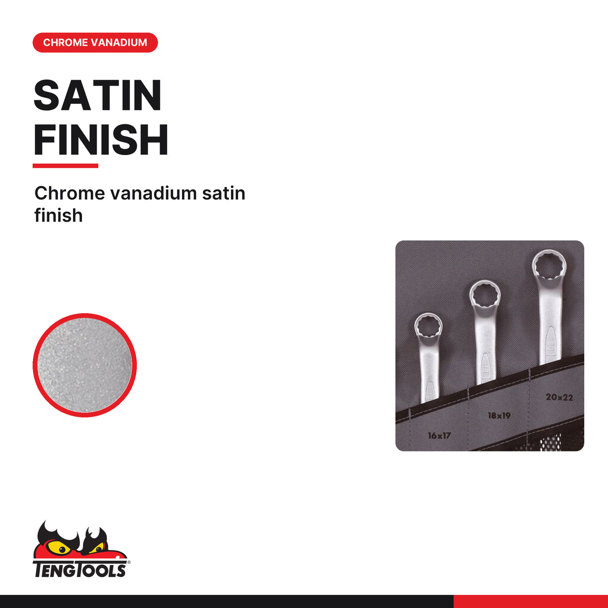Teng Tools 6308MM Double Ring Spanner Set Tool Roll 8 Pieces, chrome vanadium satin finish