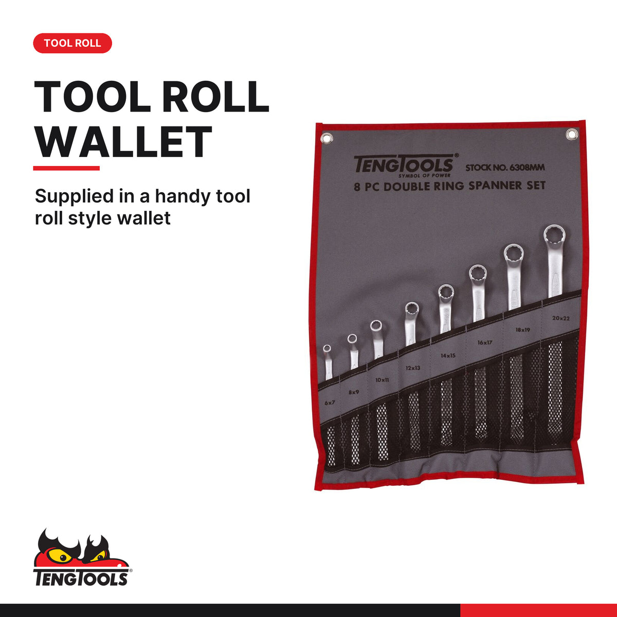 Teng Tools 6308MM Double Ring Spanner Set Tool Roll 8 Pieces, supplied in a handy tool roll style wallet