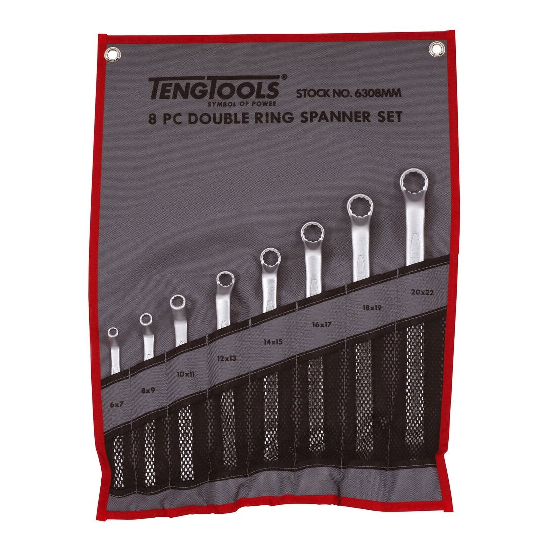 Teng Tools 6308MM Double Ring Spanner Set Tool Roll 8 Pieces on a white background