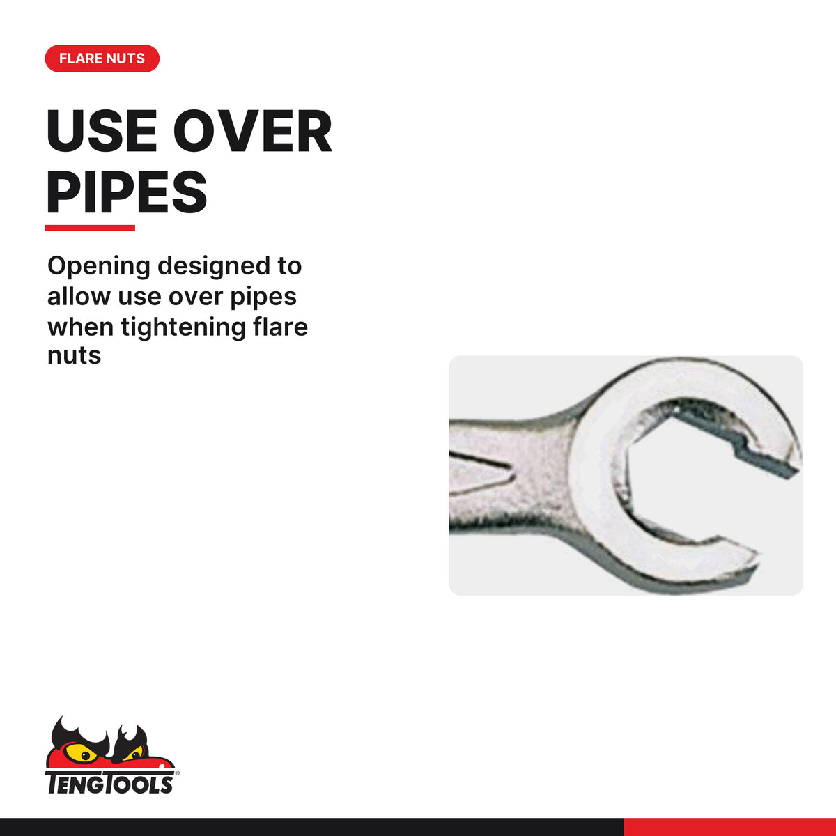 Teng Tools 641011 Metric Flare Nut Wrench 10 × 11 to 19 × 22 mm, opening designed to allow use over pipes when tightening