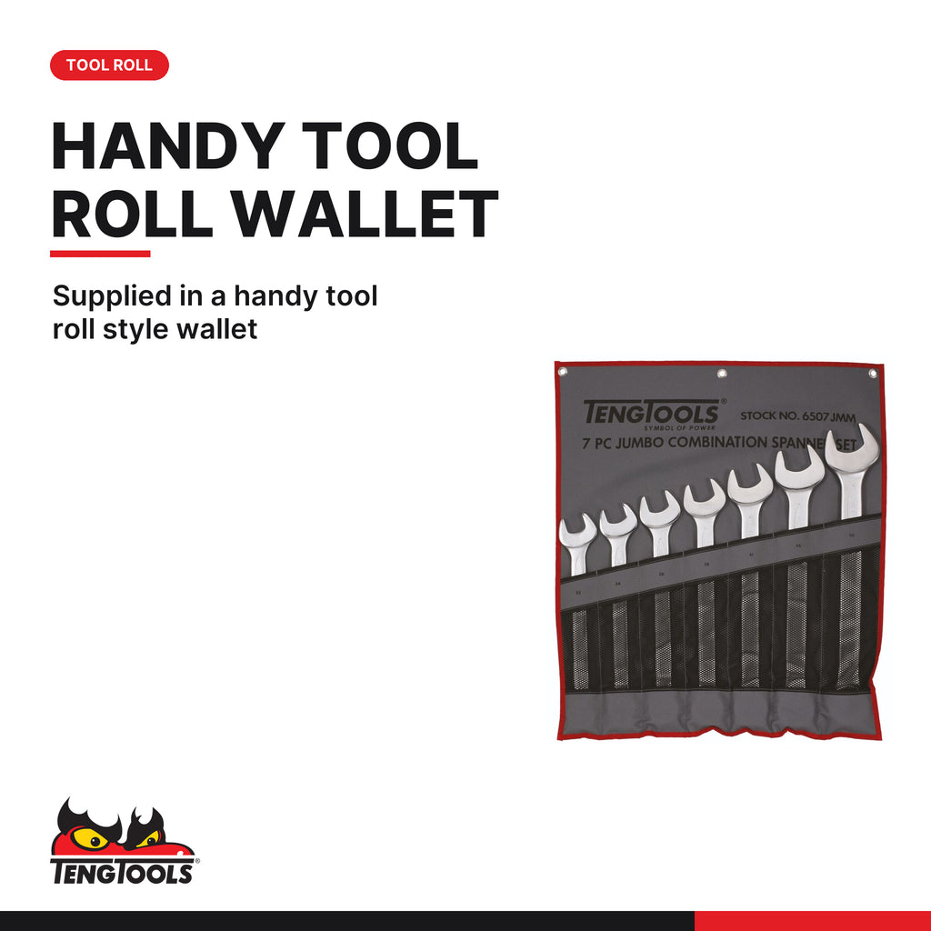 Teng Tools 6507JMM Combination Spanner Set 33-50 mm Tool Roll 7 Pieces, supplied in a handy tool roll style wallet