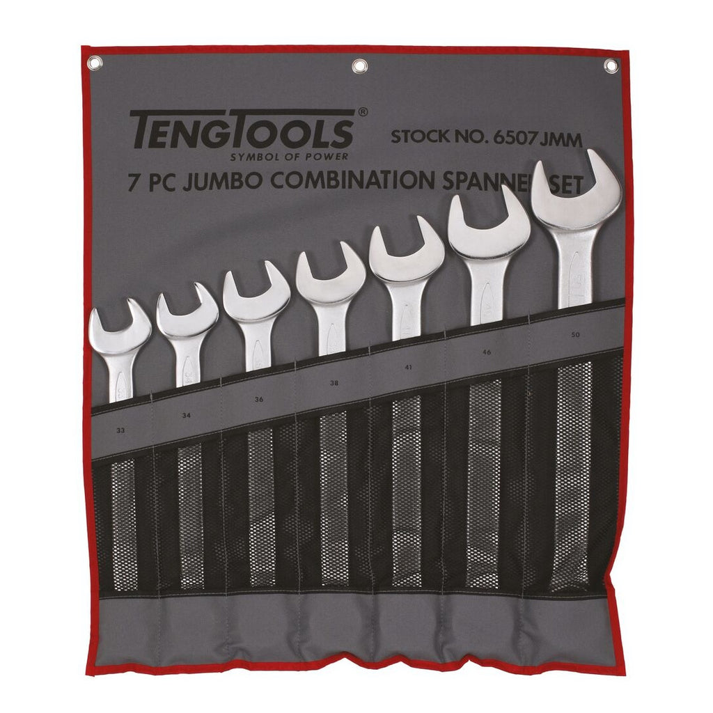 Teng Tools 6507JMM Combination Spanner Set 33-50 mm Tool Roll 7 Pieces on a white background