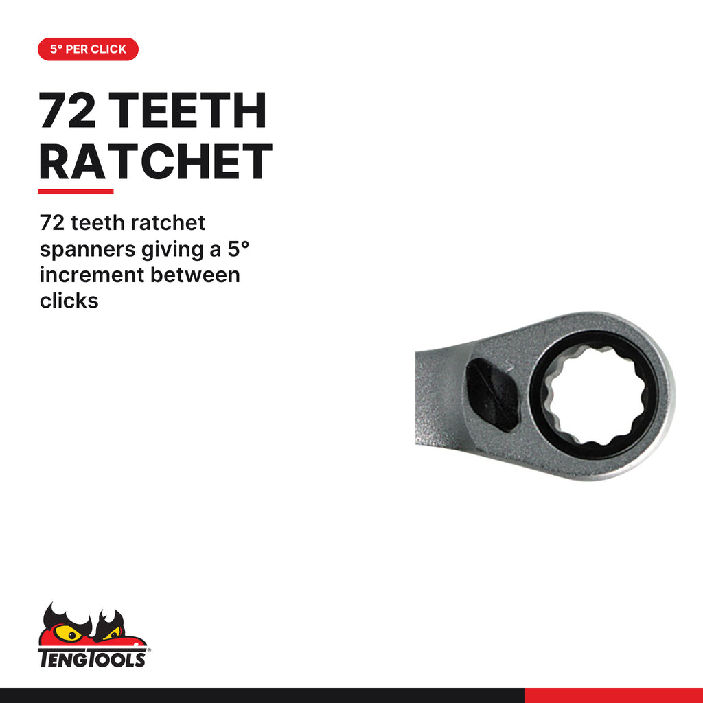 Teng Tools 6508RMM Ratcheting Combination Spanner Set R Tool Roll 8, 72 teeth ratchet spanners giving a 5° increment between