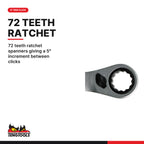 Teng Tools 6508RMM Ratcheting Combination Spanner Set R Tool Roll 8, 72 teeth ratchet spanners giving a 5° increment between