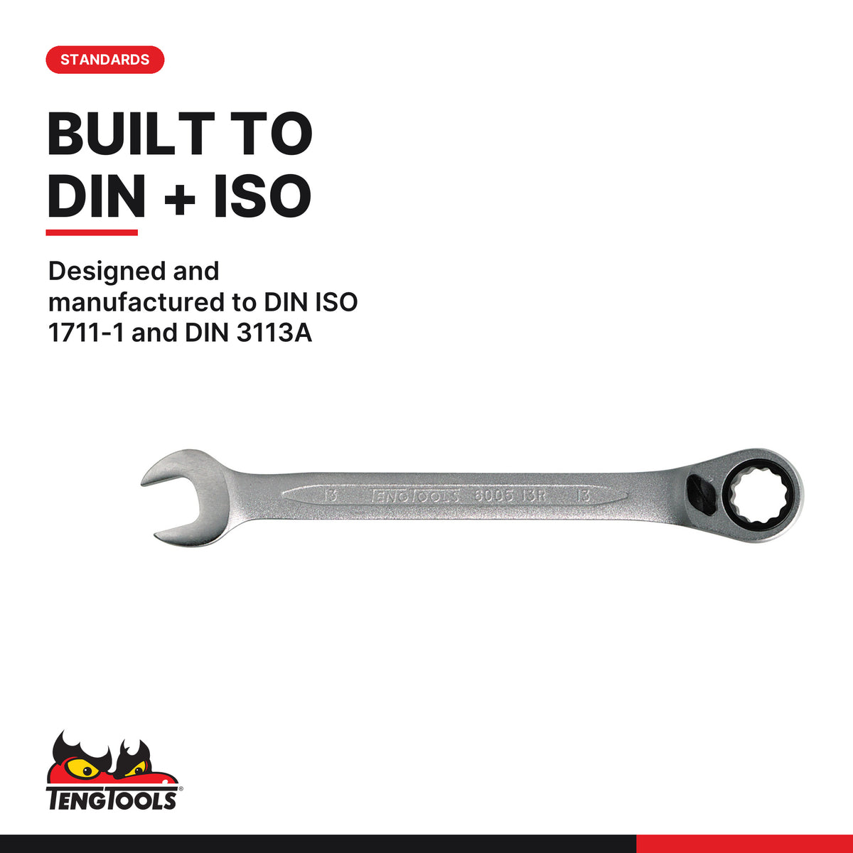 Teng Tools 6508RMM Ratcheting Combination Spanner Set R Tool Roll 8, designed and manufactured to DIN ISO 1711-1 and DIN
