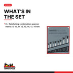Teng Tools 6508RMM Ratcheting Combination Spanner Set R Tool Roll 8, what's in the set